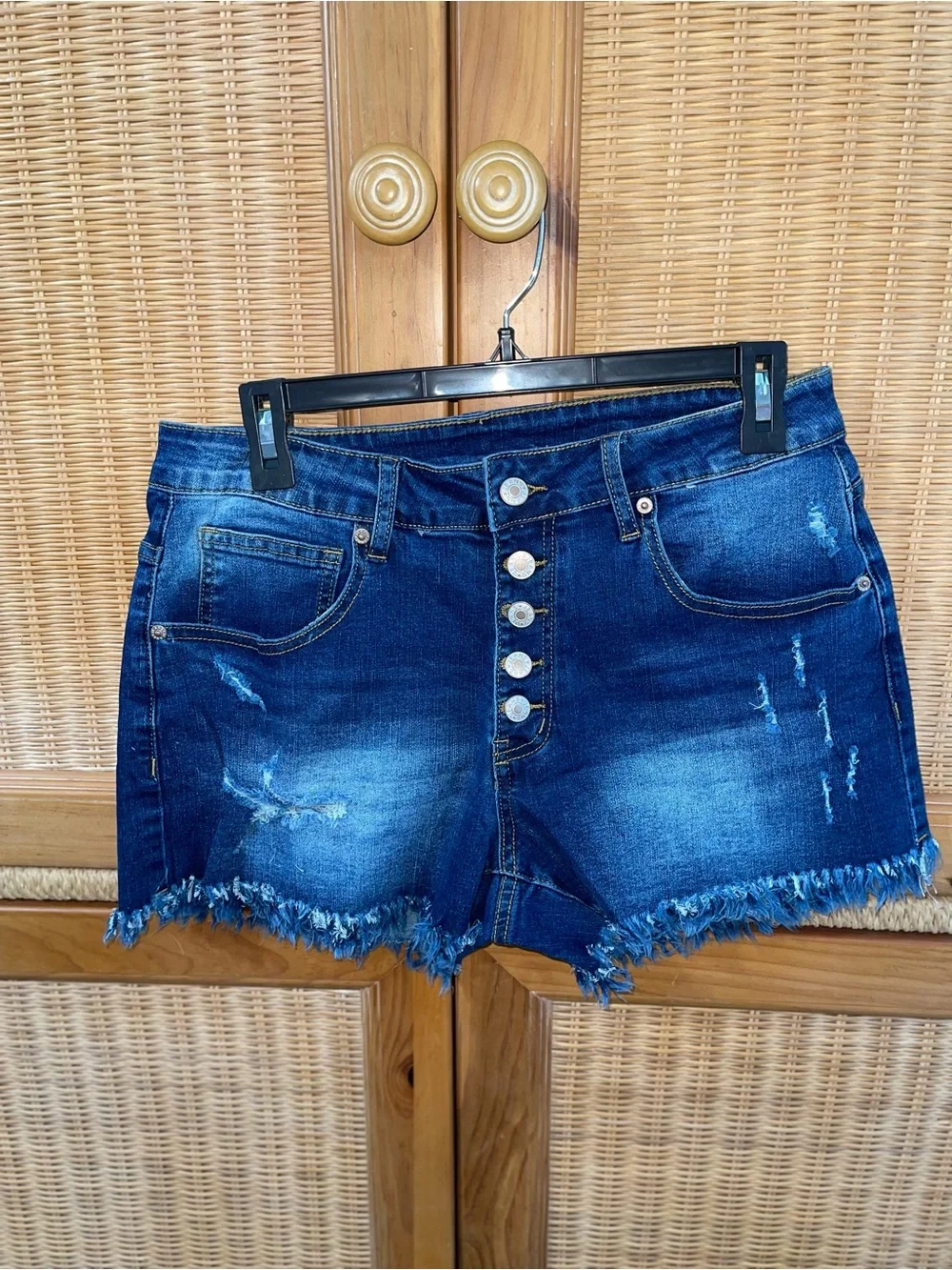 Women's Dark Blue Distressed Denim Shorts with Frayed Hem